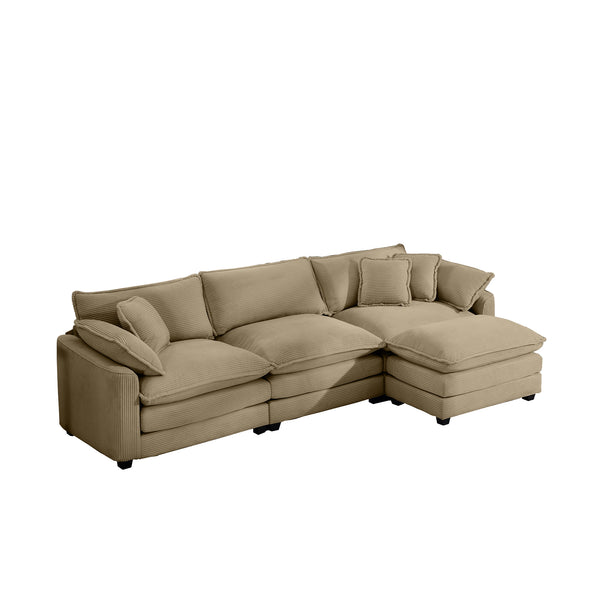 English Elm Corduroy L-Shaped 3-Seater Sofa With Ottoman - Stylish Tan Comfort For Small Living Spaces W714S00797