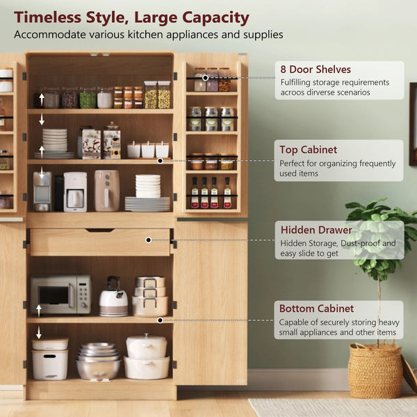 English Elm K&k Farmhouse Pantry Cabinet 72 Inch Tall Mdf Cupboard with Adjustable Shelves Natural N707S000021Y