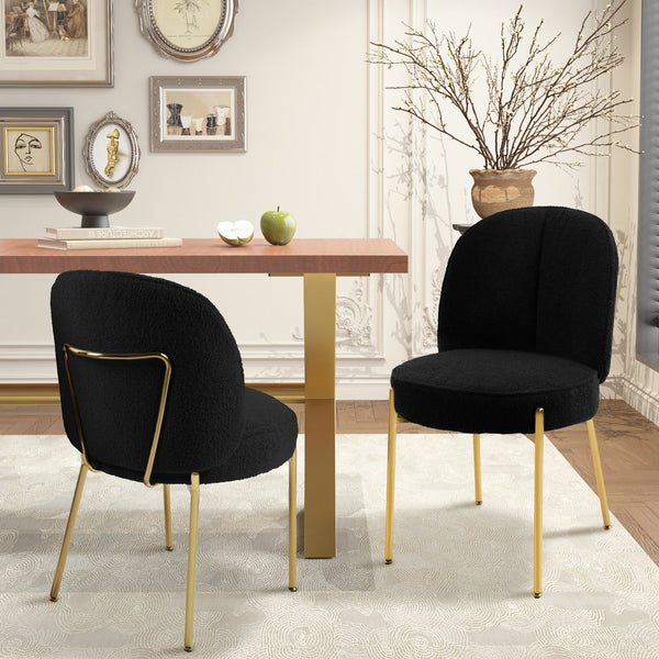English Elm Black Teddy Upholstered Dining Chairs Set Mid Century Modern with Gold Metal Legs T3609P482844