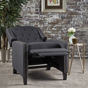 English Elm Classic Club Chair in Dark Grey Fabric with Birch Legs and Push Back Recline 61371.00