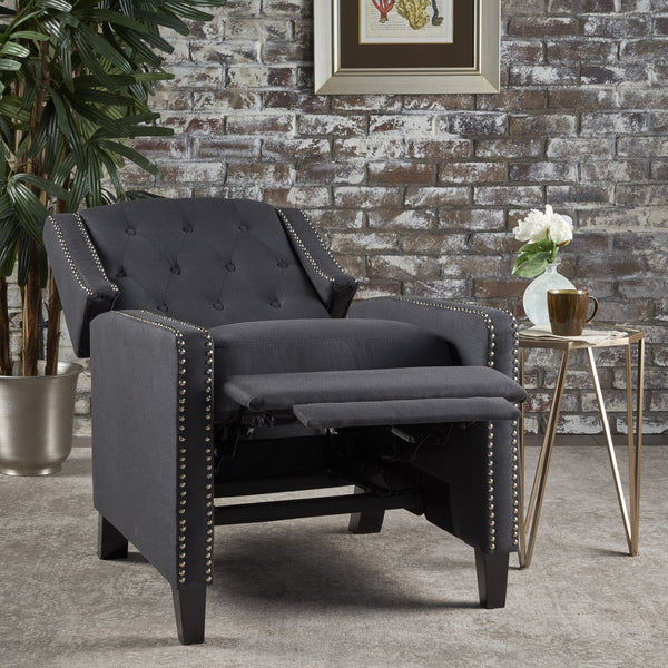 English Elm Classic Club Chair in Dark Grey Fabric with Birch Legs and Push Back Recline 61371.00