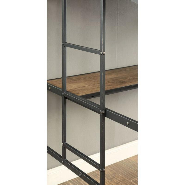 English Elm Metal Industrial Bunk Bed Twin Over Workstation with Wood Panels, Nailhead Trim, Built-In Ladder, Black Finish B2741P353089