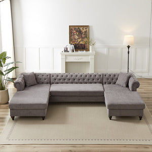 English Elm 135.5-inch Modern Chenille U-Shaped Sectional Sofa with Dual Chaise, Pull-Point Detail, Pillows, Wooden Legs Grey W1926S00047