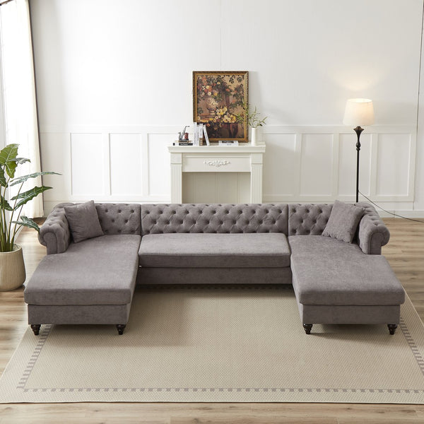 English Elm 135.5-inch Modern Chenille U-Shaped Sectional Sofa with Dual Chaise, Pull-Point Detail, Pillows, Wooden Legs Grey W1926S00047