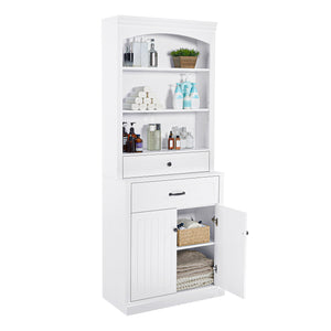 English Elm White Bathroom Storage Cabinet with Zinc Knob Doors, 4 Drawers, 6 Open Shelves & Adjustable Tiers for Organized Space (63"x10.8"x78.7") N725S252486K