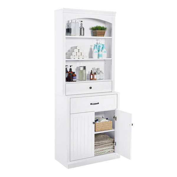 English Elm White Bathroom Storage Cabinet with Zinc Alloy Knobs, Adjustable Shelves, Smooth Drawers & Open Shelves for Organized, Durable MDF Storage (78.7" H) N725P252486K