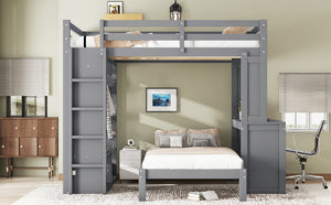 English Elm Full Solid Wood Loft Bed with Removable Lower Bed, Built-In Desk, Shelves & Wardrobe for Space-Saving Designs Grey W1580S00212