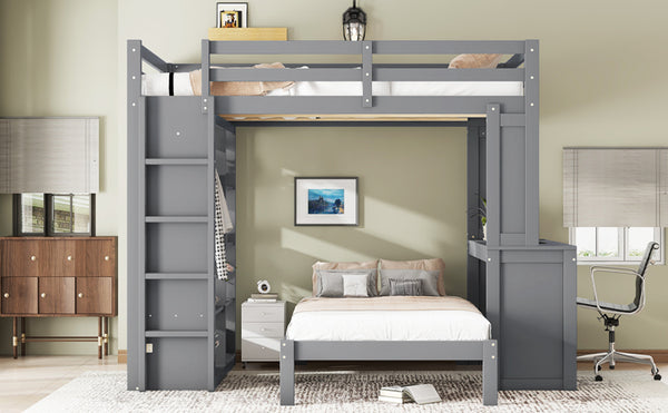English Elm Full Solid Wood Loft Bed with Removable Lower Bed, Built-In Desk, Shelves & Wardrobe for Space-Saving Designs Grey W1580S00212