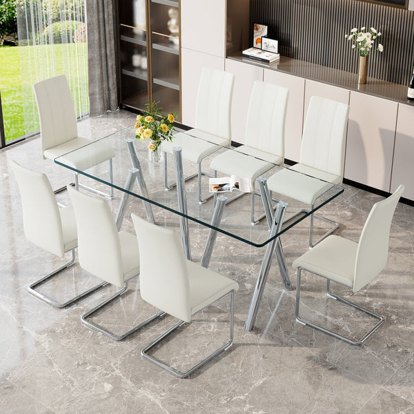 English Elm Tempered Glass 9 Piece Rectangular Dining Set Seating Eight with Chrome Sled Chairs Silver,White W3875S00051