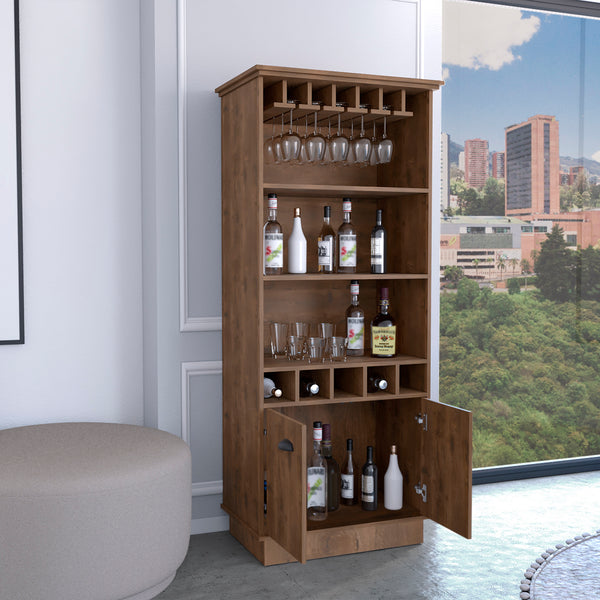 English Elm Dundee 70-Inch High Bar Cabinet with 10 Glass Doors, 5 Cubbies, 3 Shelves for Wine & Decor Brown 69 L x 24 W x 4 H B070S00319