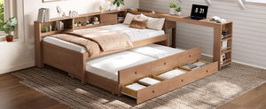 English Elm Twin Daybed Pine Frame with Trundle Desk Hutch Shelves and Storage for Kids Rooms Brown W1580S00459