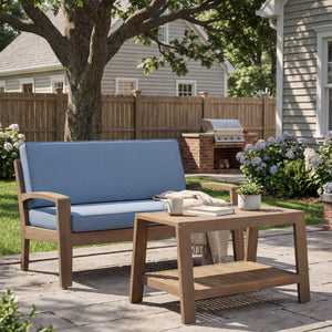 English Elm 2-piece Outdoor Acacia Wood Loveseat Set with Water-resistant Cushions for Patio Decks 57976.00SETFGRY_57976.00SETCUSH-BLUSKIN