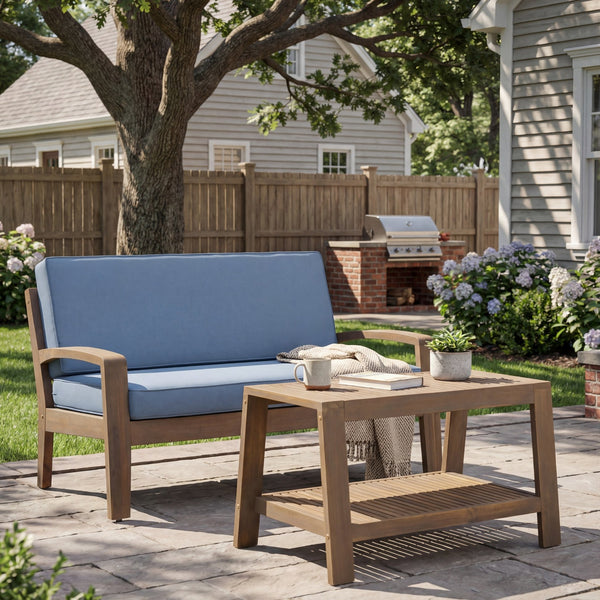 English Elm 2-piece Outdoor Acacia Wood Loveseat Set with Water-resistant Cushions for Patio Decks 57976.00SETFGRY_57976.00SETCUSH-BLUSKIN