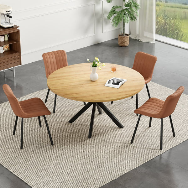 English Elm 47 Inch Round Dining Table For 4-6 People, Mid-Century Modern Style, Sturdy Wood & Metal Design T3623P380336