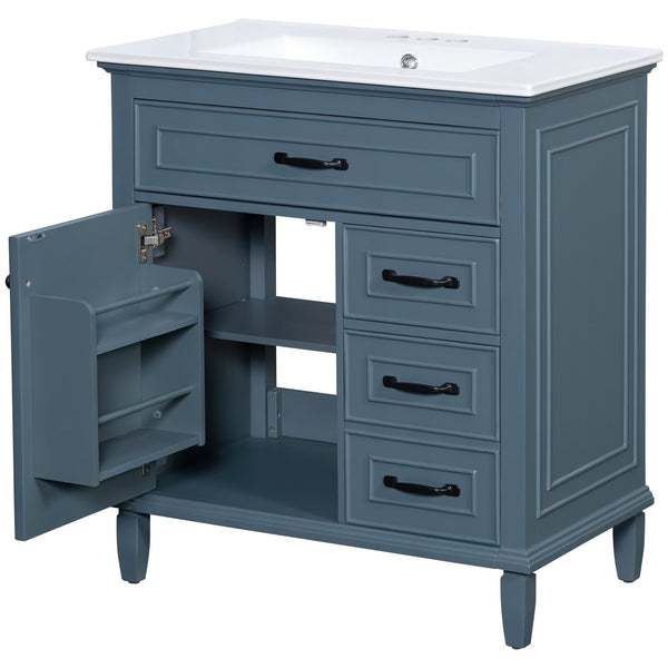 English Elm 30 Inch Freestanding Bathroom Vanity Solid Pine Cabinet Ceramic Sink Top Storage Blue Gray N725P412782C