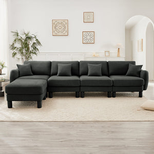 English Elm Boucle Fabric L-Shaped Sectional Sofa For 4 With Shell-Shaped Armrests & Removable Ottoman, Dark Grey W3041S00304