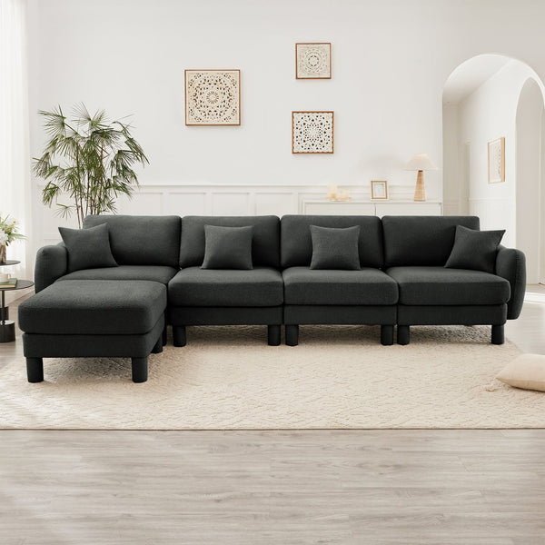 English Elm Boucle Fabric L-Shaped Sectional Sofa For 4 With Shell-Shaped Armrests & Removable Ottoman, Dark Grey W3041S00304