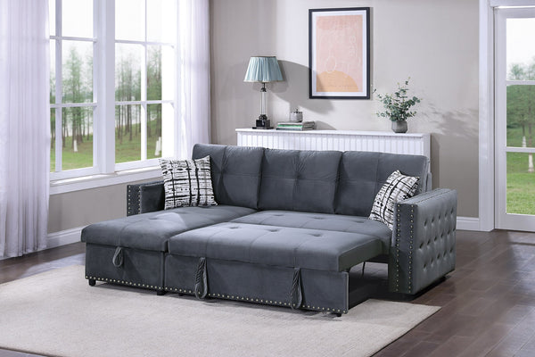 English Elm Gray Velvet Convertible Sectional Sofa with Pull-Out Bed, Reversible Storage Chaise, Tufted Elegance B011S01024