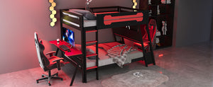 English Elm Full Size Gaming Bunk Bed with Dual Desks Usb Charging Ports and Pegboard Storage Red LT000274AAR