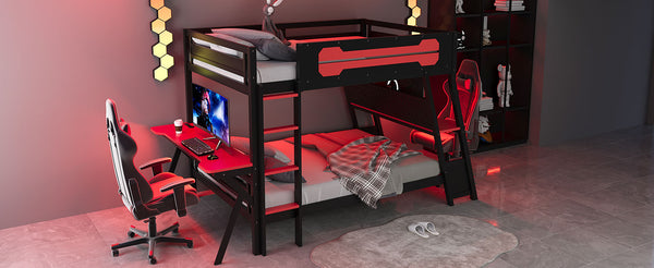 English Elm Full Size Gaming Bunk Bed with Dual Desks Usb Charging Ports and Pegboard Storage Red LT000274AAR