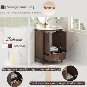 English Elm Christopher Knight Home® - 24 24-Inch Bathroom Vanity with Ceramic Sink, Textured Panels, Soft-Close Drawer & Large Storage Brown N817P339017B