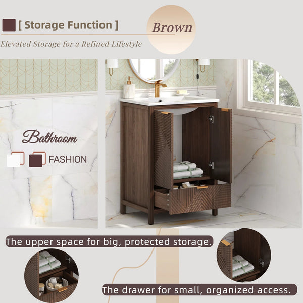 English Elm Christopher Knight Home® - 24 24-Inch Bathroom Vanity with Ceramic Sink, Textured Panels, Soft-Close Drawer & Large Storage Brown N817P339017B