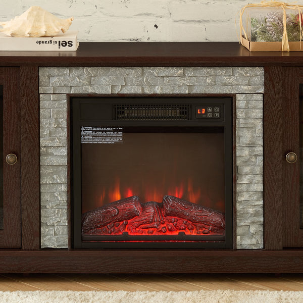 English Elm 58" Modern TV Stand with 18" Electric Fireplace, Faux Stone Mantel, Ample Storage & Cable Management for Living Room Comfort and Style Cherry W2275S00026