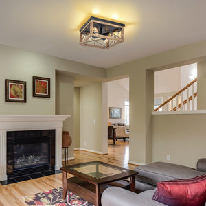 English Elm Wooden 4-Light Farmhouse Flush Mount Ceiling Light with Real Wood Frame & Ceramic Sockets, Black Finish W2738P185436