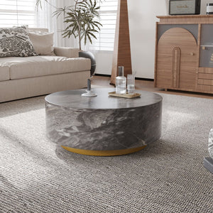 English Elm Tavola Round Coffee Table with Marble Pattern Top and Metal Legs, Two Drawers for Stylish Storage Brown B341P321163