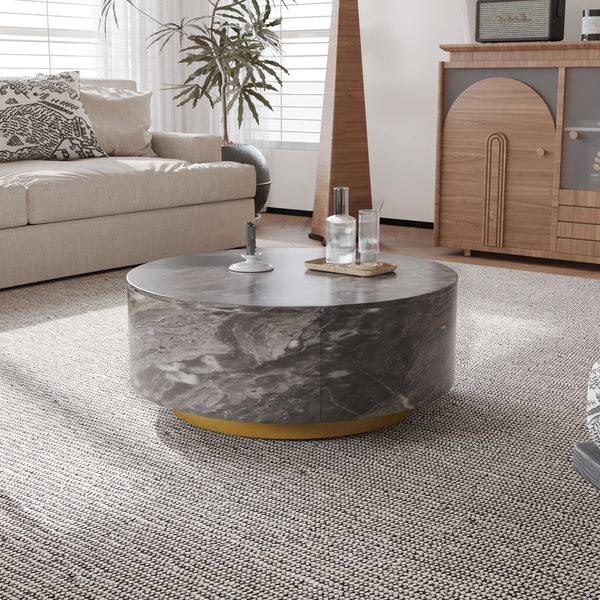 English Elm Tavola Round Coffee Table with Marble Pattern Top and Metal Legs, Two Drawers for Stylish Storage Brown B341P321163