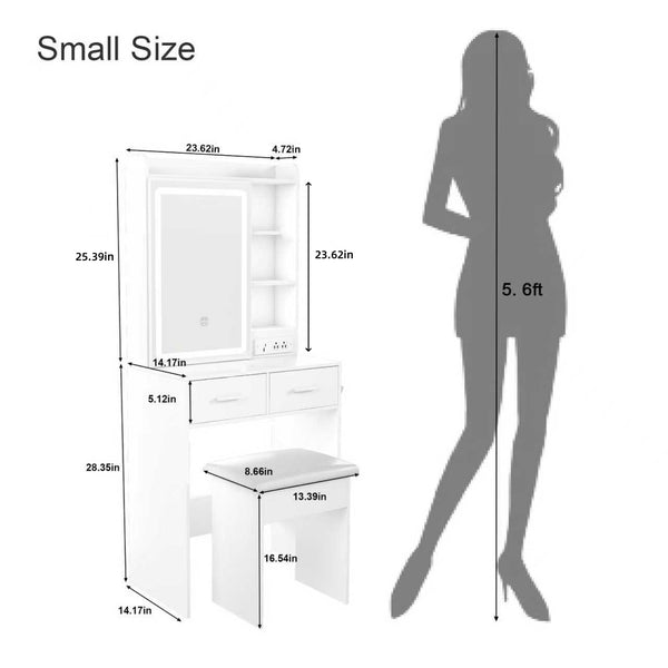 English Elm Small Makeup Vanity Desk with LED Mirror, USB/AC Ports, Hair Dryer Stand, Stool & Hidden Storage W2699P296515