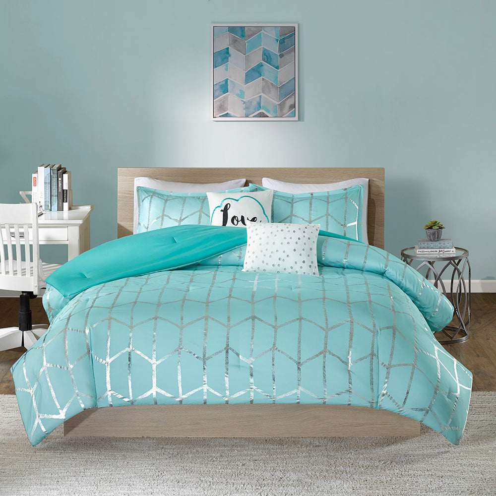 JLA Home Intelligent Design - Metallic ultra-soft microfiber comforter set with geometric metallic print, antimicrobial freshness and hotel-inspired styling Aqua/Silver ID10-1241