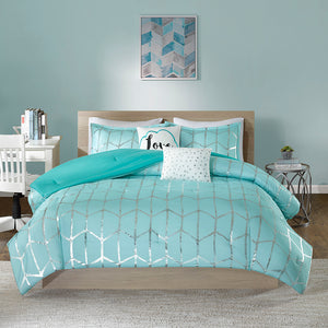 JLA Home Intelligent Design - Metallic ultra-soft microfiber comforter set with geometric metallic print, antimicrobial freshness and hotel-inspired styling Aqua/Silver ID10-1241