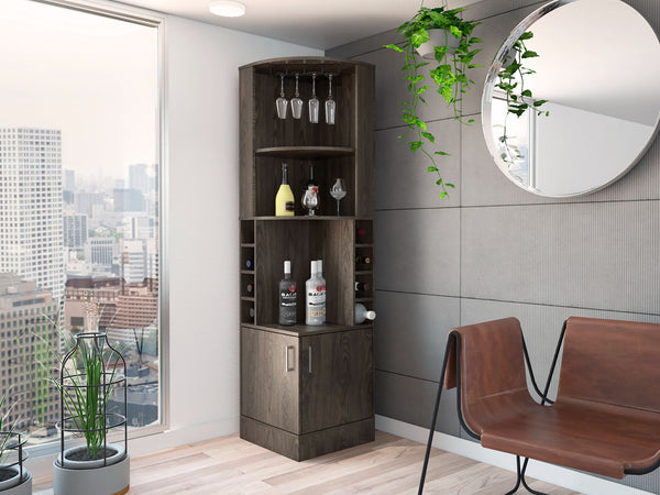 English Elm Seattle Tall Bar Cabinet with Eight Bottle Cubbies Open Shelving and Enclosed Storage B128P322509