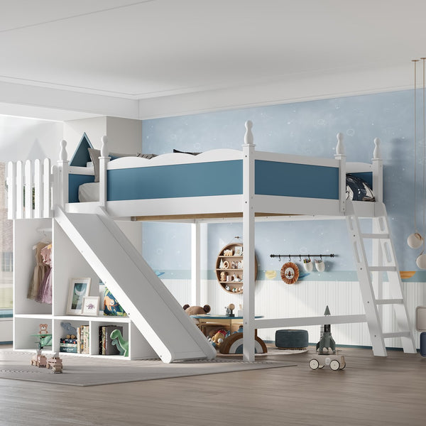 English Elm Queen Solid Pine Loft Bed with Wardrobe Shelves Detachable Slide and Dual Sleeping Zones Blue,Off White W5305S00029