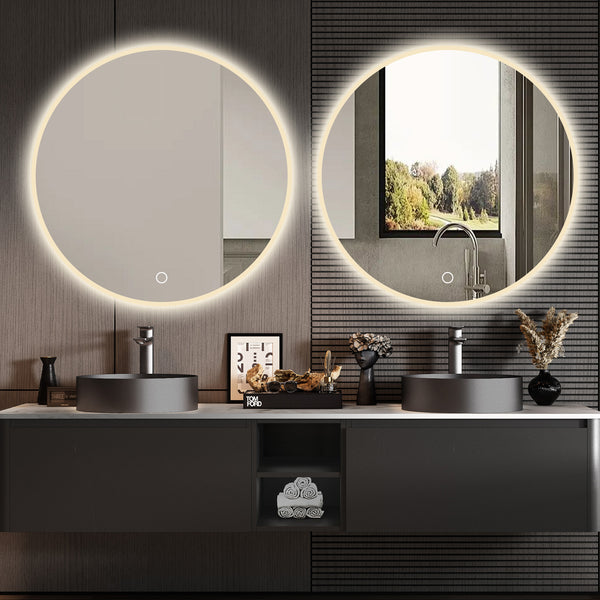 English Elm 32'' LED Round Mirror with Lights, Anti-Fog Touch Vanity, 3-Color Dimmable, Explosion-Proof Edge W2709P242511
