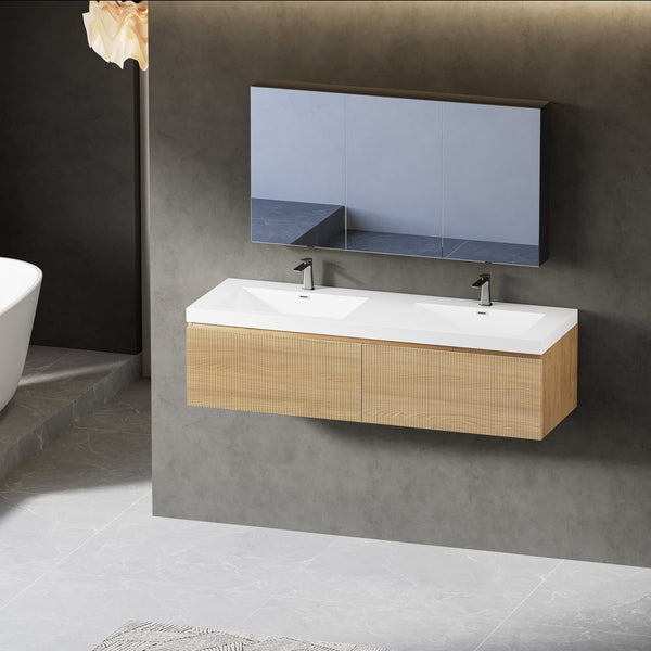 English Elm 60'' Floating Wall Mount Vanity Dual Quartz Basins Smoked Walnut Fluted Cabinet W1920P385461