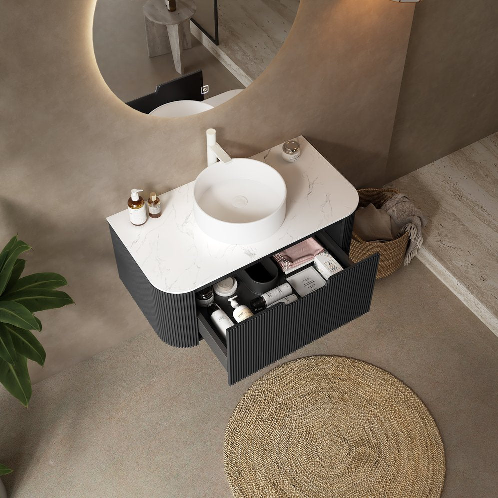 English Elm Dina Floating Bathroom Vanity Sintered Stone Top Glass Basin Striped Plywood Cabinet W2615S00393