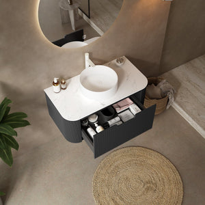 English Elm Dina Floating Bathroom Vanity Sintered Stone Top Glass Basin Striped Plywood Cabinet W2615S00393