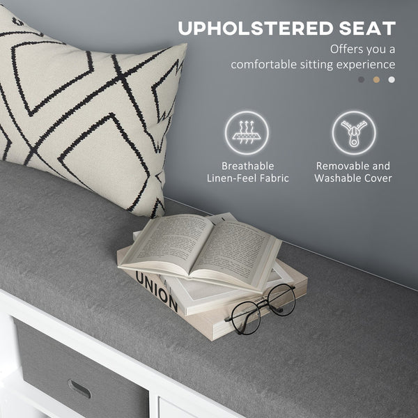 English Elm Entryway Storage Bench with Linen Cushion Enclosed Cabinets and Open Shoe Shelf T3971P430876