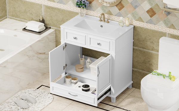 English Elm 30'' Bathroom Vanity with Sink - Retro Solid Wood Frame, Ceramic Basin, Soft-Close Doors & Ample Storage White N710P190656K