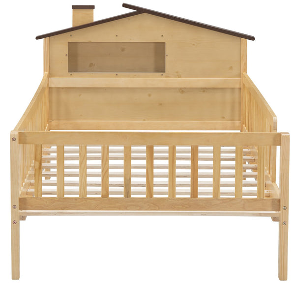 English Elm Twin House-Shaped Platform Bed with Built-In Storage, LED Accent Lighting and Rustic Pine Charm (95) Natural N709P184429M