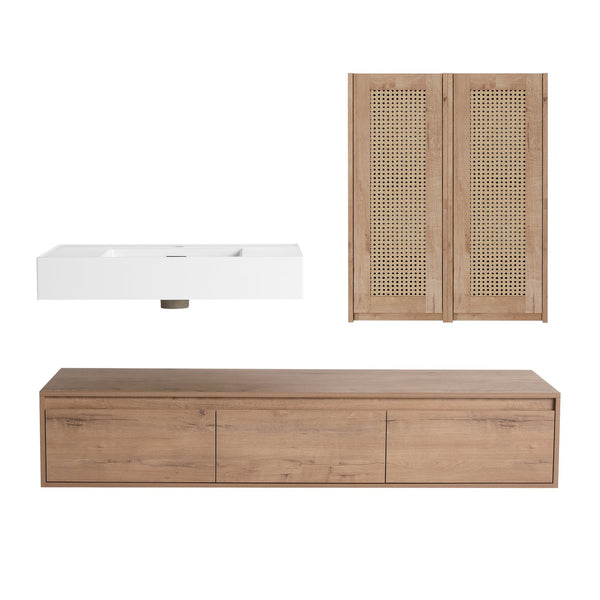 English Elm 60-Inch Wall-Mounted Bathroom Vanity With Integrated Resin Sink, Soft-Close Drawers & Elegant Oak Finish W999S00358