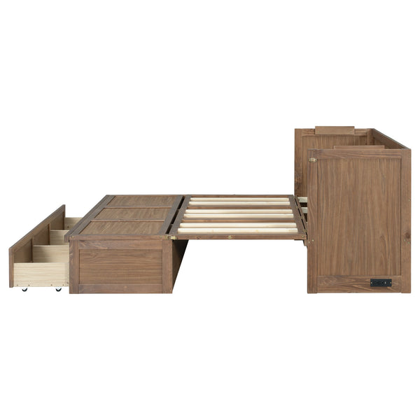 English Elm Queen Cabinet Murphy Bed Pine Wood Frame Geometric Panel Usb Charging Guest Room W504S00306