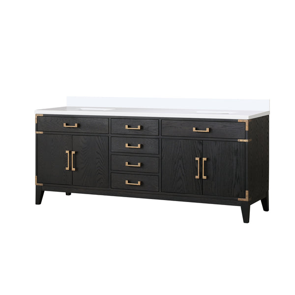 English Elm Black Oak Double Bath Vanity 80" W X 22" D With Elegant White Quartz Top & Ample Storage Solutions B2731P260963