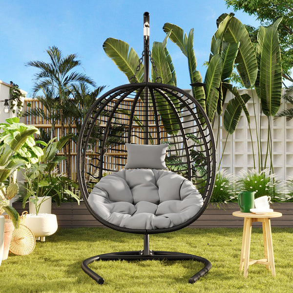 English Elm U_style Wicker Hanging Egg Chair with Stand Hdpe Cocoon Swing for Balcony Garden Black+ Gray N711P389503E