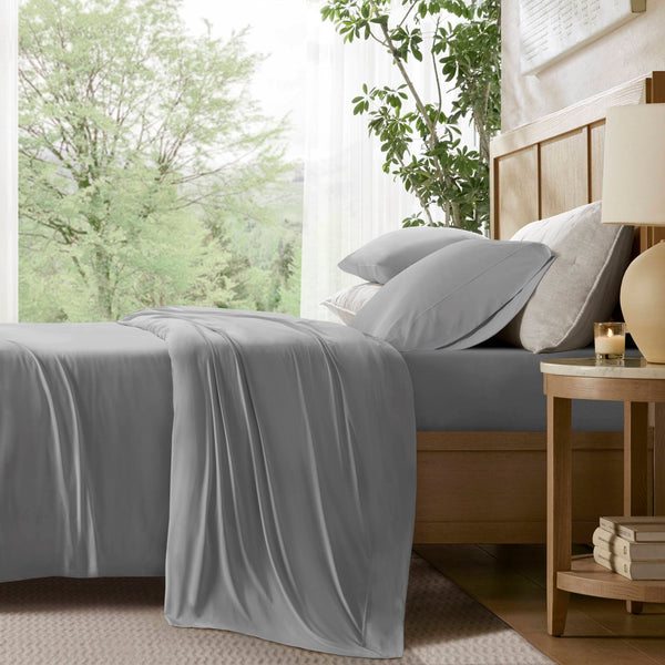 English Elm 4-piece Cal King Stretch Jersey Sheet Set Moisture Wicking Cooling Nylon Spandex Blend Grey B035P437418