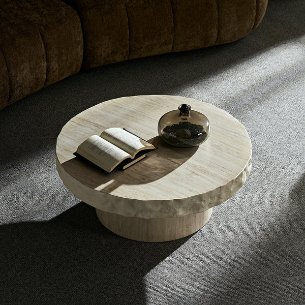 English Elm 31.69 Inch Round Fiberglass Coffee Table Sculptural Stone Finish for Modern Living Room W876P450501