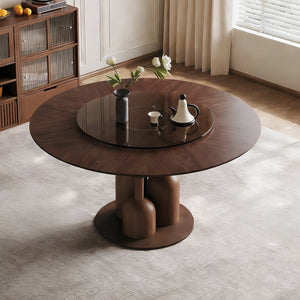 English Elm 59-inch Solid Oak Live Edge Round Dining Table Wabi-sabi Style Seats 8 with Glass Lazy Susan W2700S00135