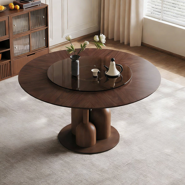 English Elm 59-inch Solid Oak Live Edge Round Dining Table Wabi-sabi Style Seats 8 with Glass Lazy Susan W2700S00135